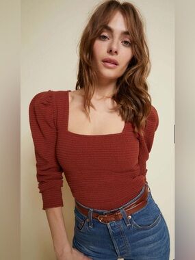 Nation LTD Alexandra Smocked Puff Long Sleeve Top Red Clay Women’s Size Large